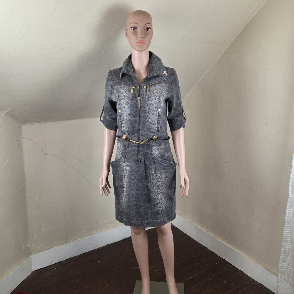 GIZIA Denim Dress Snake Print Zip Front Belted Gold Hardware Womens 38 US S NWT